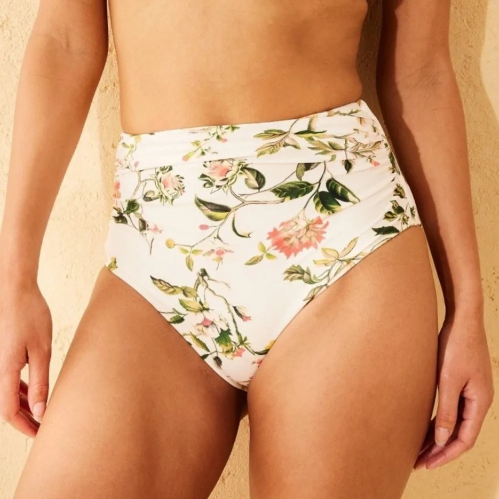 Shade & Shore Shirred High Waist Floral Print Bikini Bottoms